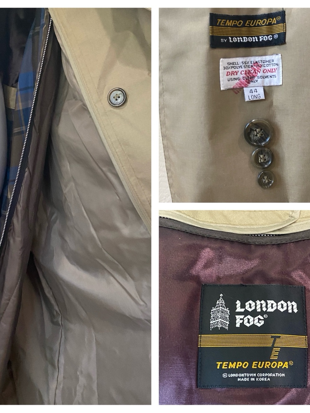 Vintage London Fog, Tempo Europa, zippered Lining button up Trench Coat Size 44L - Picture 10 of 11